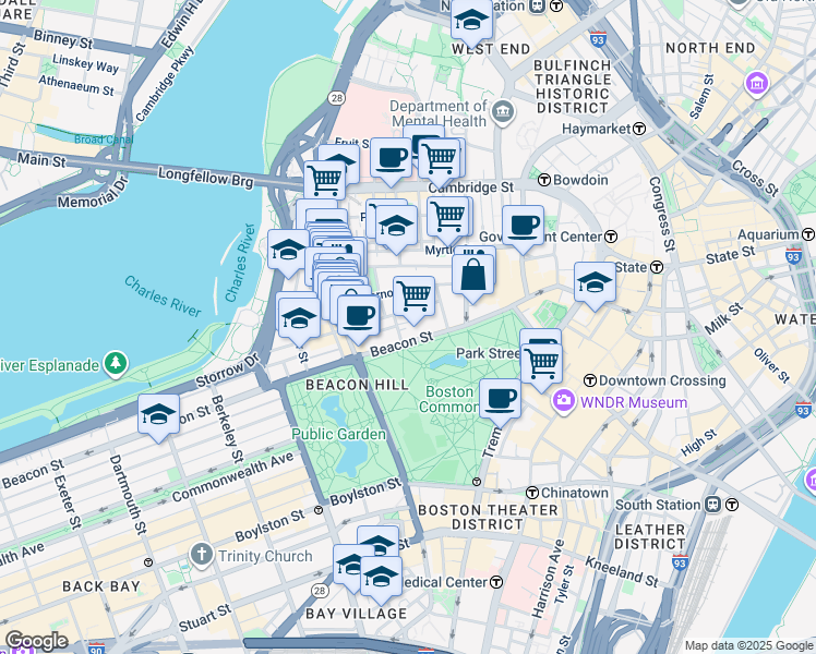 map of restaurants, bars, coffee shops, grocery stores, and more near 44 Beacon Street in Boston