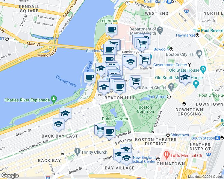 map of restaurants, bars, coffee shops, grocery stores, and more near 34 Charles Street in Boston