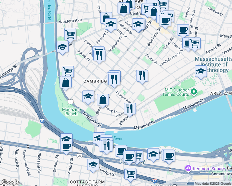 map of restaurants, bars, coffee shops, grocery stores, and more near 14 Putnam Court in Cambridge