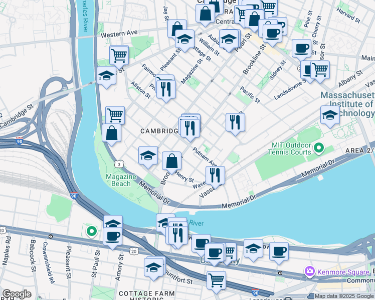 map of restaurants, bars, coffee shops, grocery stores, and more near in Cambridge