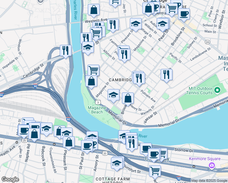 map of restaurants, bars, coffee shops, grocery stores, and more near 17 Glenwood Avenue in Cambridge