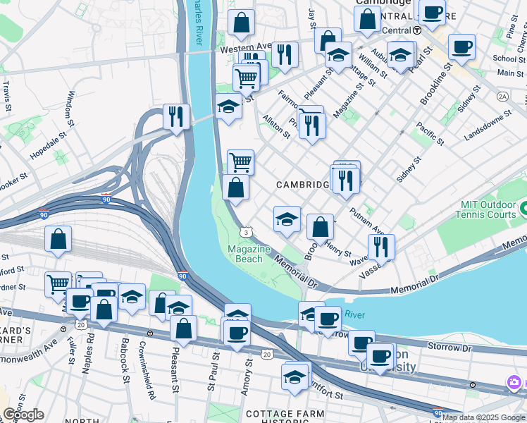 map of restaurants, bars, coffee shops, grocery stores, and more near in Cambridge