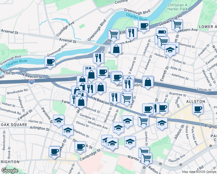 map of restaurants, bars, coffee shops, grocery stores, and more near 89 Guest Street in Boston