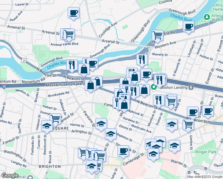 map of restaurants, bars, coffee shops, grocery stores, and more near 245 North Beacon Street in Boston