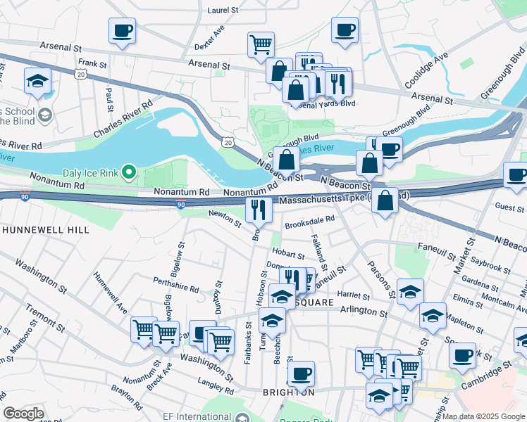 map of restaurants, bars, coffee shops, grocery stores, and more near 7 Riverview Road in Boston