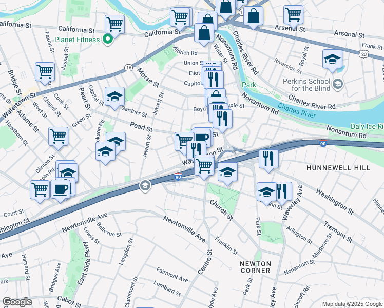 map of restaurants, bars, coffee shops, grocery stores, and more near in Newton