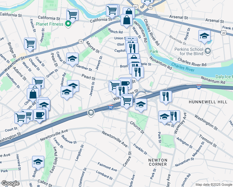 map of restaurants, bars, coffee shops, grocery stores, and more near in Newton
