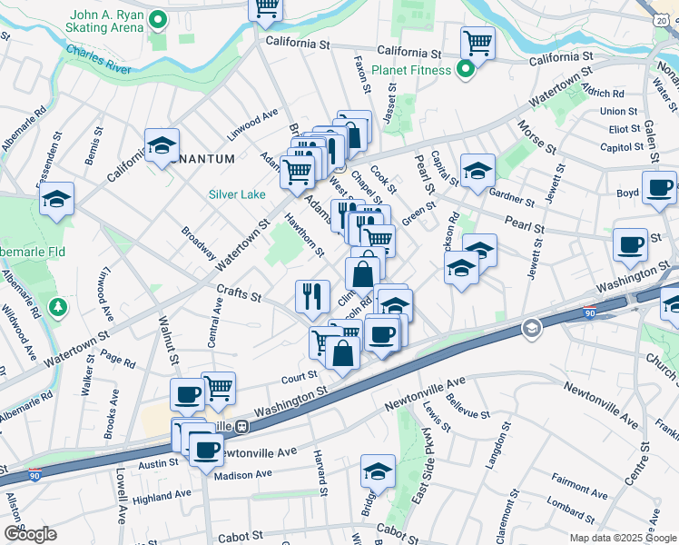 map of restaurants, bars, coffee shops, grocery stores, and more near 92 Hawthorn Street in Newton
