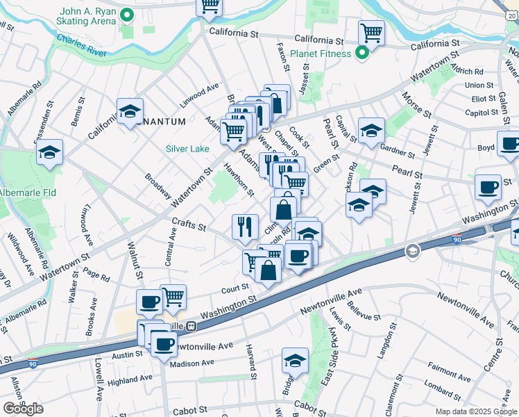 map of restaurants, bars, coffee shops, grocery stores, and more near 92 Hawthorn Street in Newton