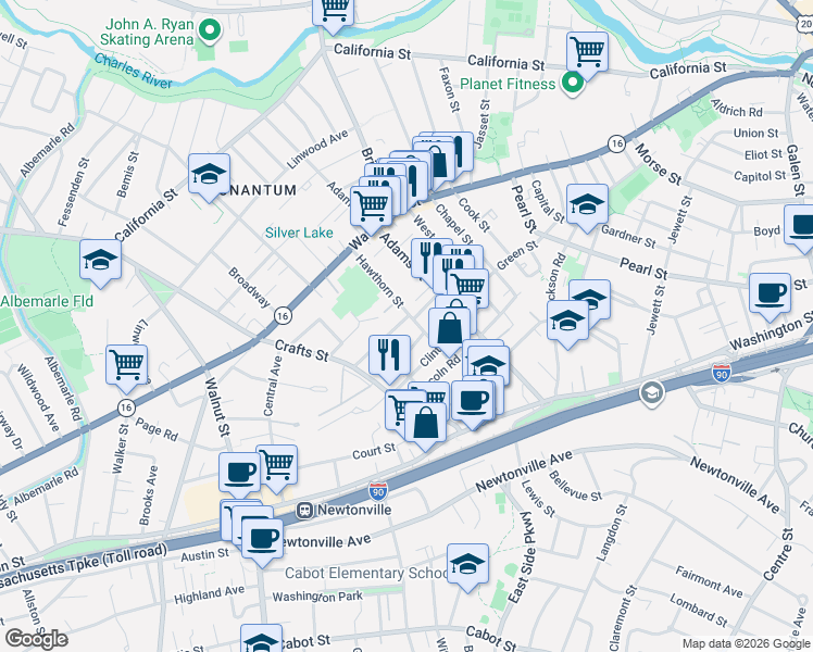 map of restaurants, bars, coffee shops, grocery stores, and more near 92 Hawthorn Street in Newton
