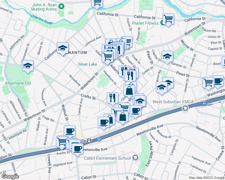 map of restaurants, bars, coffee shops, grocery stores, and more near 19 Ashmont Avenue in Newton