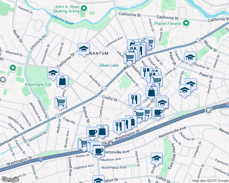 map of restaurants, bars, coffee shops, grocery stores, and more near 44 Judkins Street in Newton