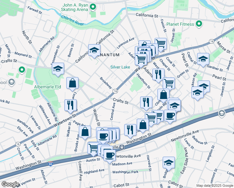 map of restaurants, bars, coffee shops, grocery stores, and more near 179 Crafts Street in Newton