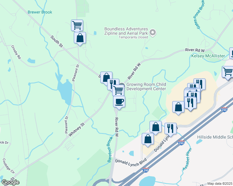 map of restaurants, bars, coffee shops, grocery stores, and more near 65 River Road West in Berlin