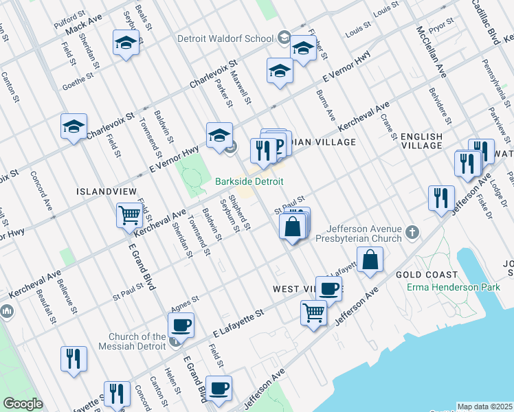 map of restaurants, bars, coffee shops, grocery stores, and more near 1775 Van Dyke Street in Detroit