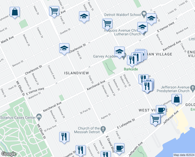 map of restaurants, bars, coffee shops, grocery stores, and more near 2135 Sheridan Street in Detroit