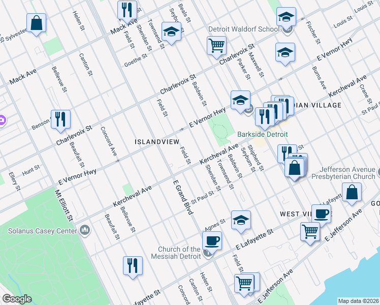 map of restaurants, bars, coffee shops, grocery stores, and more near 2135 Sheridan Street in Detroit
