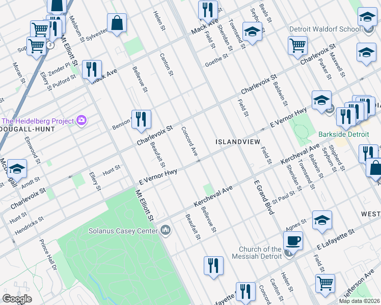 map of restaurants, bars, coffee shops, grocery stores, and more near 2431 Concord Avenue in Detroit