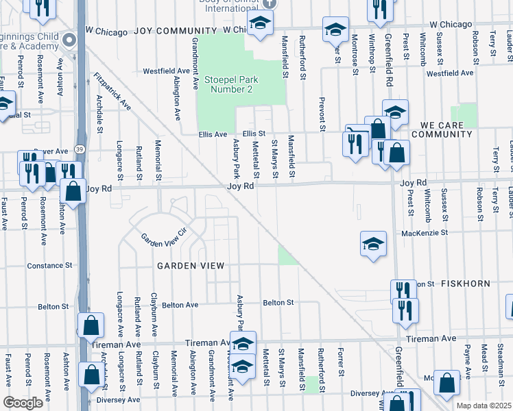 map of restaurants, bars, coffee shops, grocery stores, and more near 16301 Joy Road in Detroit