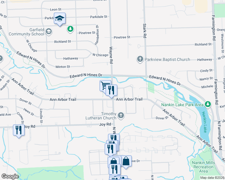 map of restaurants, bars, coffee shops, grocery stores, and more near 34685 Grandon Street in Livonia