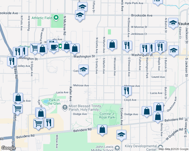 map of restaurants, bars, coffee shops, grocery stores, and more near 129 South Orchard Avenue in Waukegan