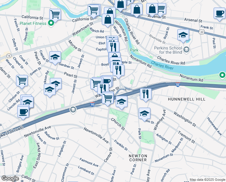 map of restaurants, bars, coffee shops, grocery stores, and more near Gateway Center in Newton