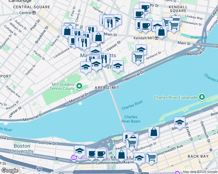map of restaurants, bars, coffee shops, grocery stores, and more near Harvard Bridge & Massachusetts Ave in Cambridge