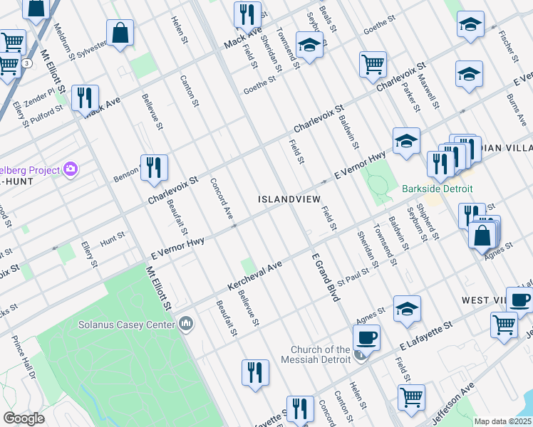 map of restaurants, bars, coffee shops, grocery stores, and more near 2257 Helen Street in Detroit