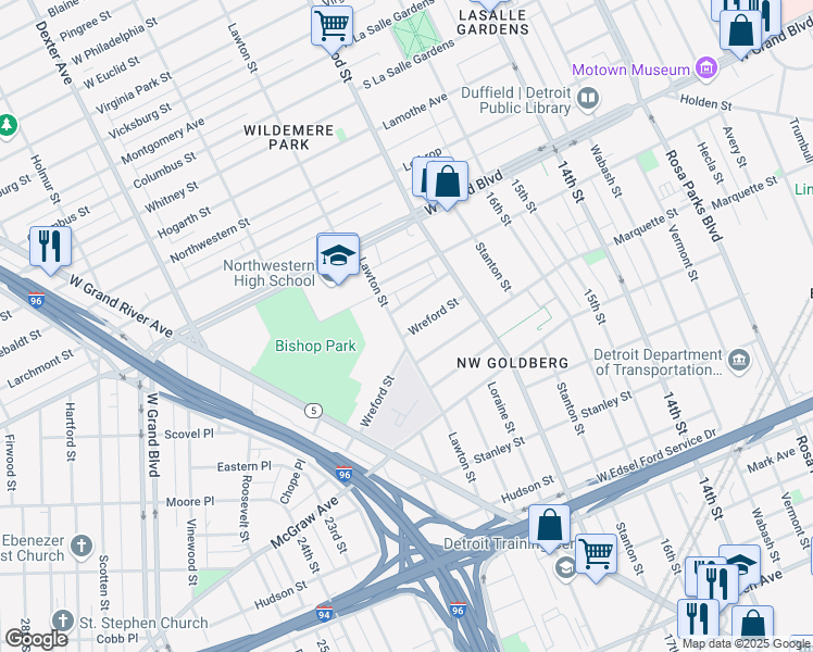 map of restaurants, bars, coffee shops, grocery stores, and more near 2730 Wreford Street in Detroit