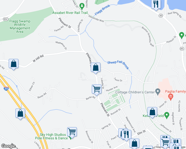 map of restaurants, bars, coffee shops, grocery stores, and more near 444 Pleasant Street in Marlborough