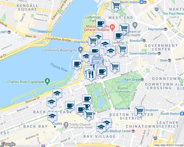 map of restaurants, bars, coffee shops, grocery stores, and more near 36 Lime Street in Boston