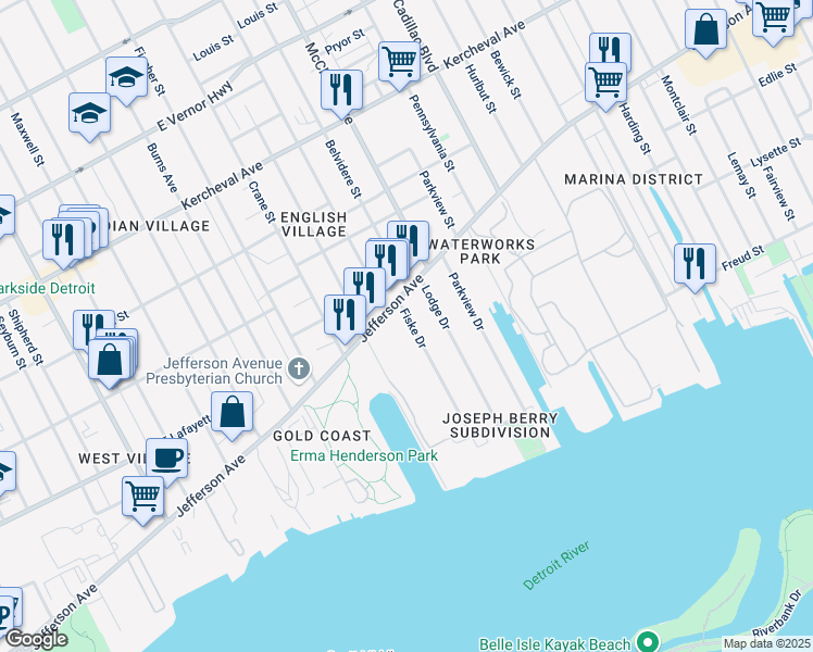 map of restaurants, bars, coffee shops, grocery stores, and more near 567 Fiske Dr in Detroit
