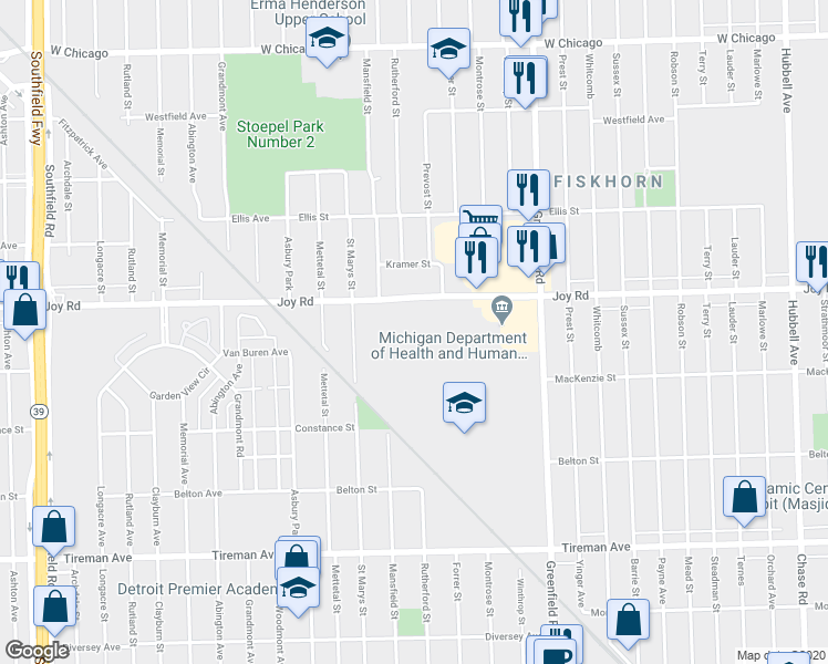 map of restaurants, bars, coffee shops, grocery stores, and more near 15801 Joy Road in Detroit