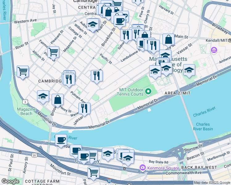 map of restaurants, bars, coffee shops, grocery stores, and more near 229 Vassar Street in Cambridge