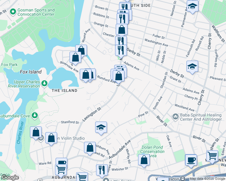 map of restaurants, bars, coffee shops, grocery stores, and more near 101 Lexington Street in Newton