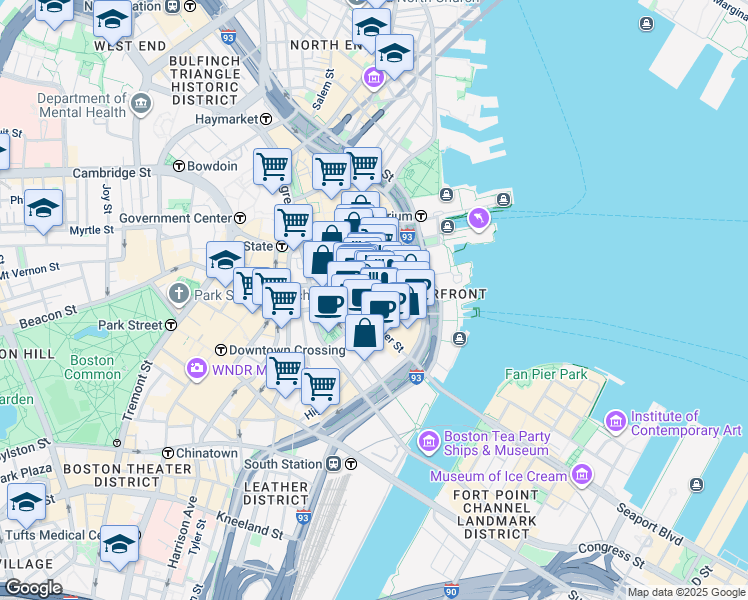 map of restaurants, bars, coffee shops, grocery stores, and more near 67 Batterymarch Street in Boston