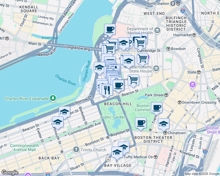 map of restaurants, bars, coffee shops, grocery stores, and more near 34 Charles Street in Boston