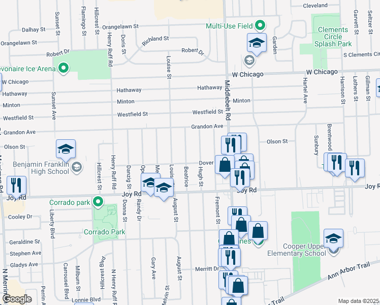 map of restaurants, bars, coffee shops, grocery stores, and more near 9037 Hugh Street in Livonia