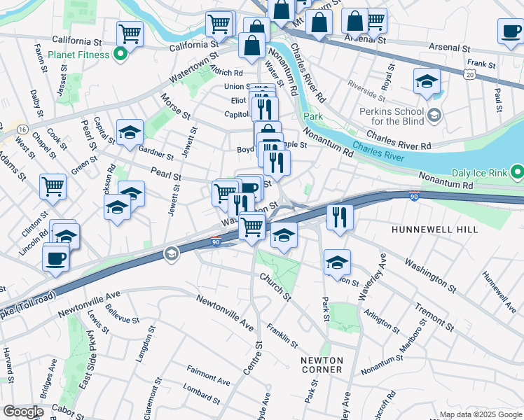 map of restaurants, bars, coffee shops, grocery stores, and more near 275 Washington Street in Newton
