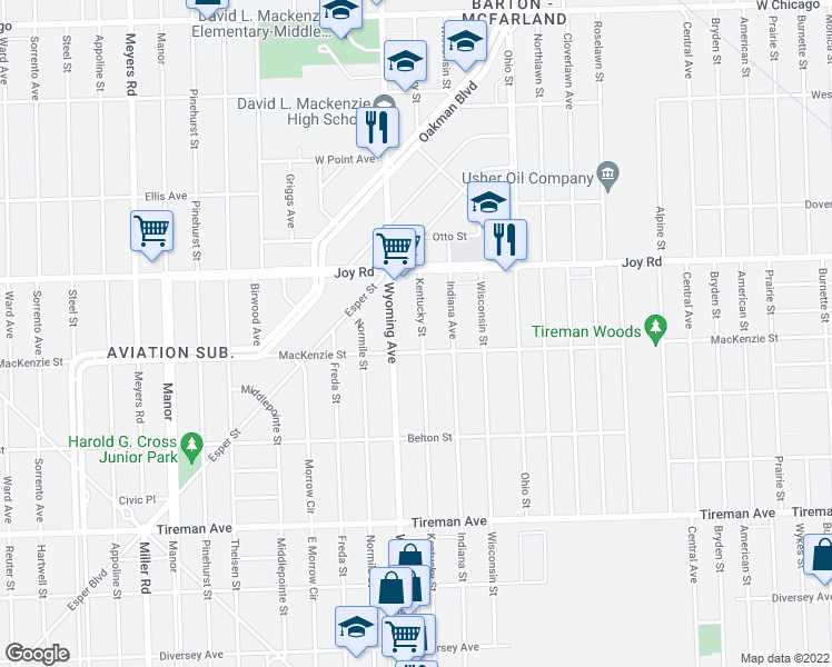 map of restaurants, bars, coffee shops, grocery stores, and more near 8535 Kentucky Street in Detroit