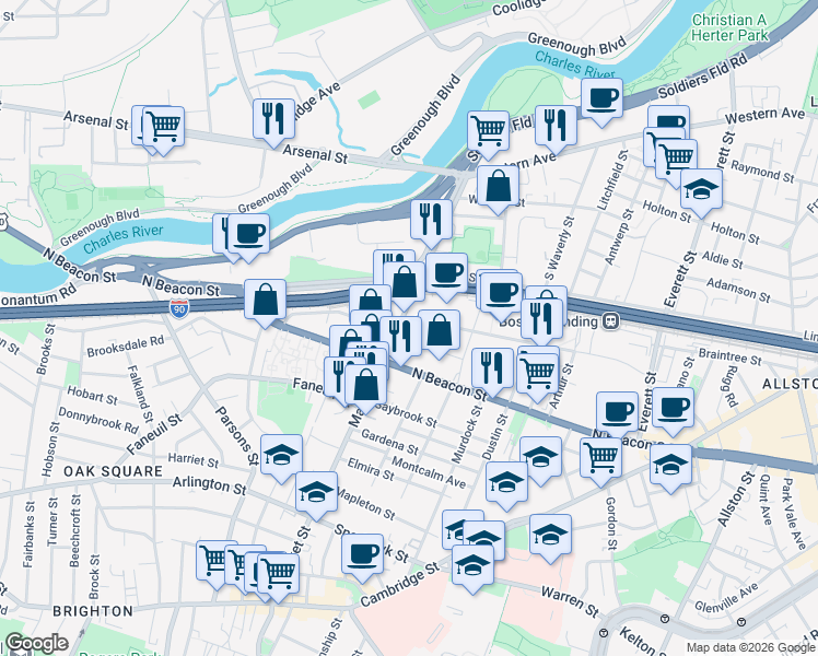 map of restaurants, bars, coffee shops, grocery stores, and more near 1 Guest Street in Boston