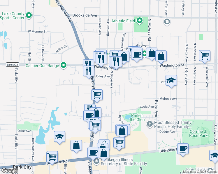 map of restaurants, bars, coffee shops, grocery stores, and more near 2823 Central Avenue in Waukegan