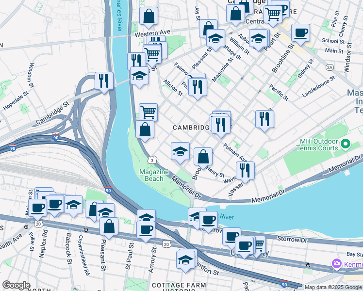 map of restaurants, bars, coffee shops, grocery stores, and more near 17 Glenwood Avenue in Cambridge