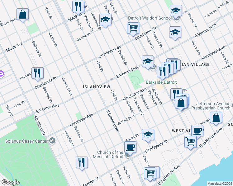 map of restaurants, bars, coffee shops, grocery stores, and more near 2135 Sheridan Street in Detroit