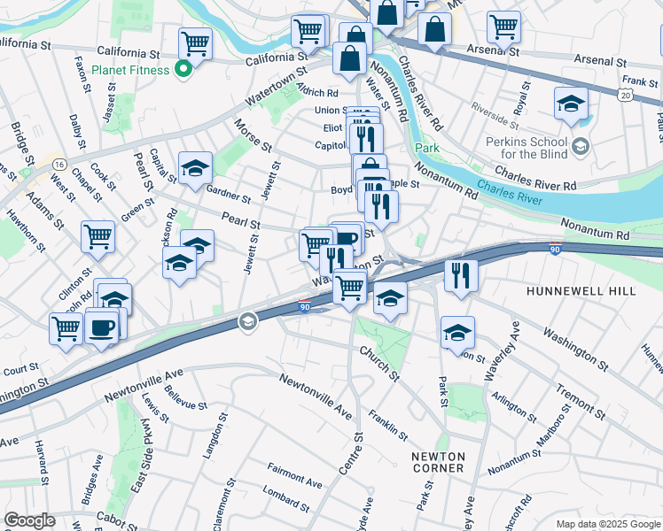 map of restaurants, bars, coffee shops, grocery stores, and more near 34 Channing Street in Newton