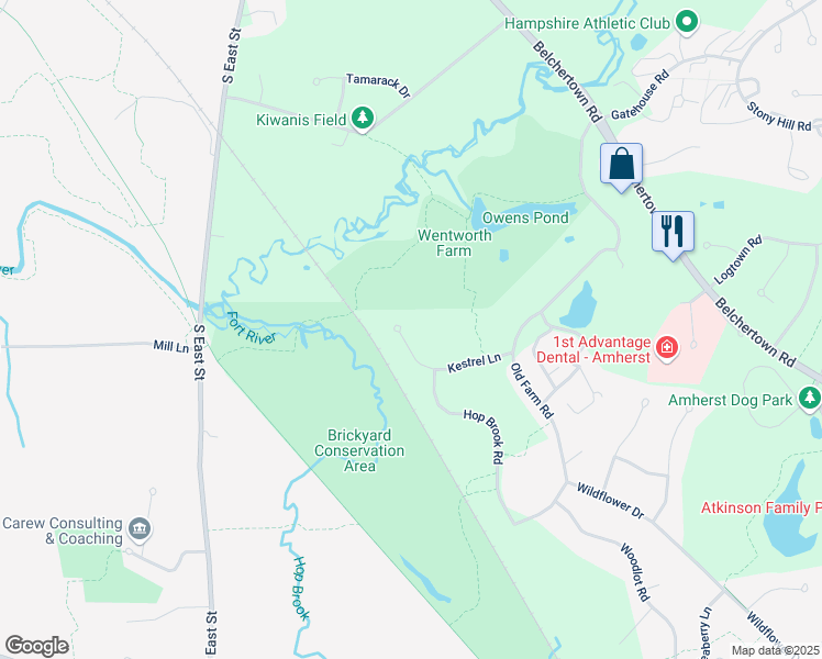 map of restaurants, bars, coffee shops, grocery stores, and more near 43 Kestrel Lane in Amherst