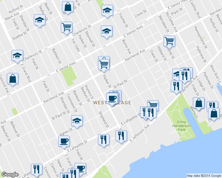 map of restaurants, bars, coffee shops, grocery stores, and more near Parker St & St Paul St in Detroit