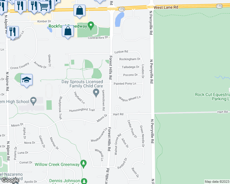 map of restaurants, bars, coffee shops, grocery stores, and more near 6654 Conestoga Trail in Loves Park