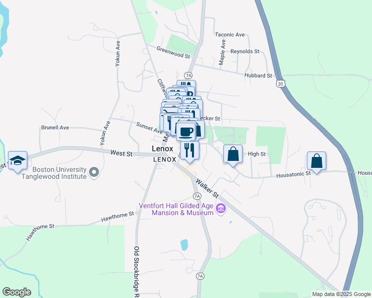 map of restaurants, bars, coffee shops, grocery stores, and more near 34 Church Street in Lenox