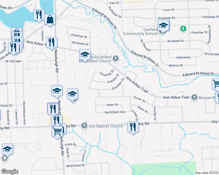 map of restaurants, bars, coffee shops, grocery stores, and more near 36484 Grandon Street in Livonia